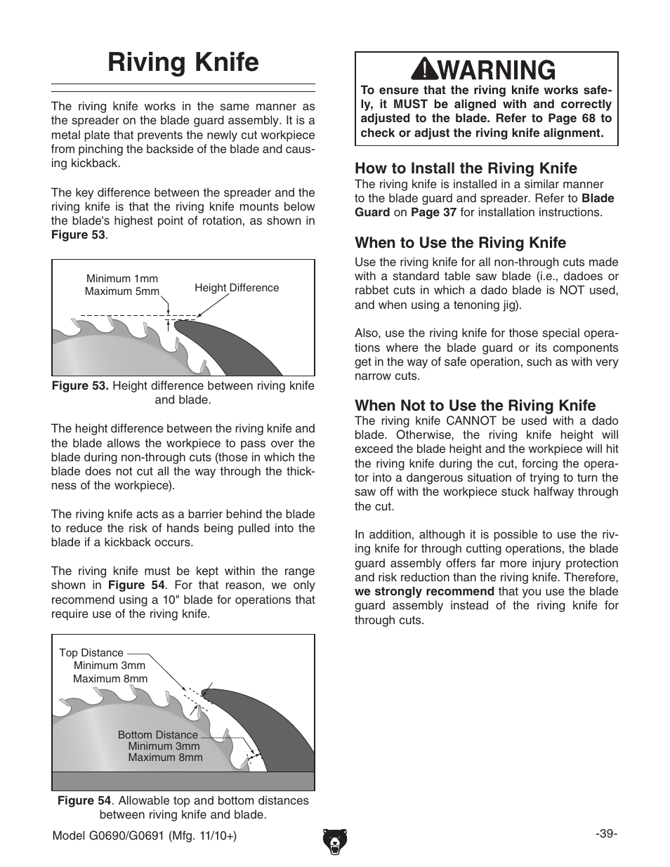 Riving knife, When to use the riving knife, When not to use the riving knife | How to install the riving knife | Grizzly G0690 User Manual | Page 41 / 92