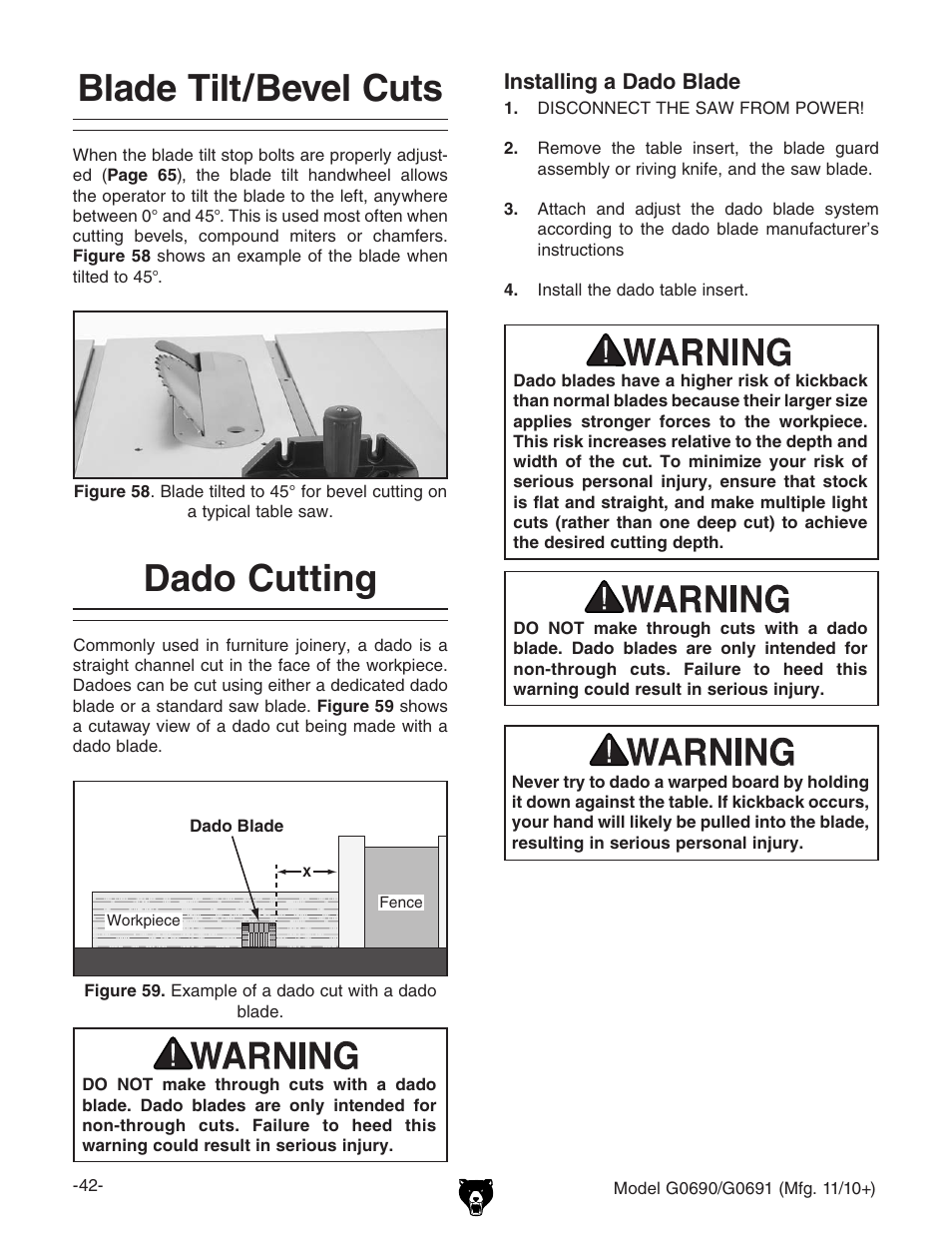 Blade tilt/bevel cuts, Dado cutting | Grizzly G0690 User Manual | Page 44 / 92