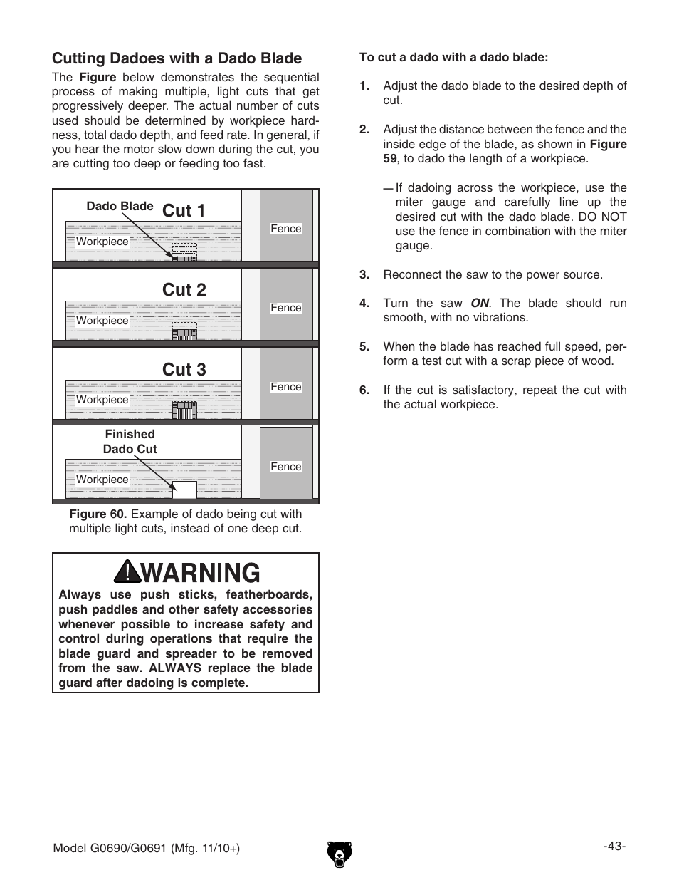 Cut 1, Cut 2, Cut 3 | Cutting dadoes with a dado blade | Grizzly G0690 User Manual | Page 45 / 92