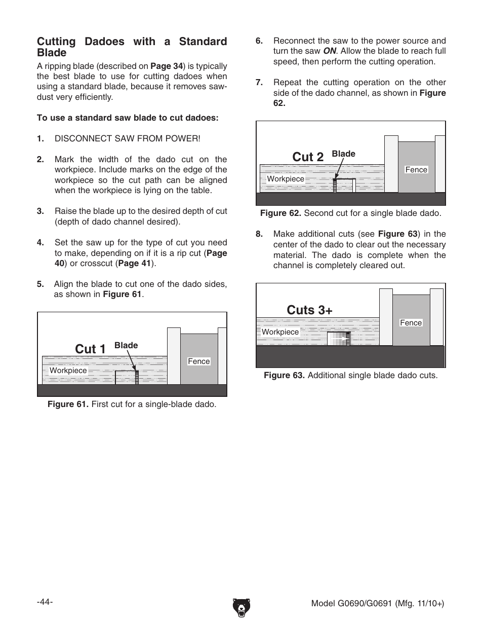 Cut 2, Cuts 3, Cut 1 | Cutting dadoes with a standard blade | Grizzly G0690 User Manual | Page 46 / 92