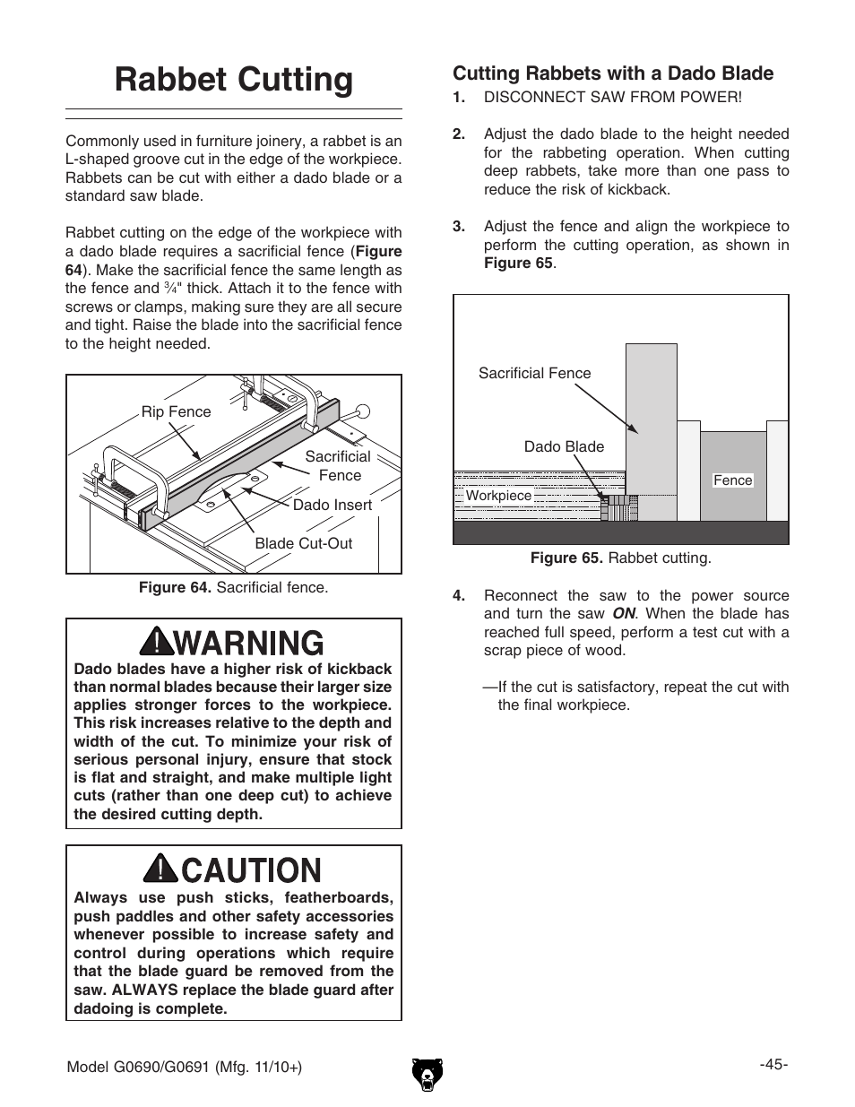 Rabbet cutting, Cutting rabbets with a dado blade | Grizzly G0690 User Manual | Page 47 / 92