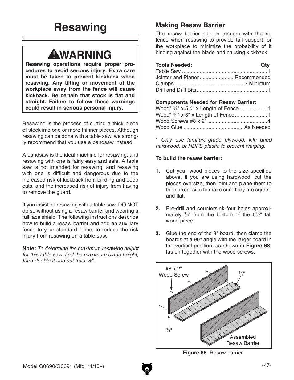 Resawing, Making resaw barrier | Grizzly G0690 User Manual | Page 49 / 92