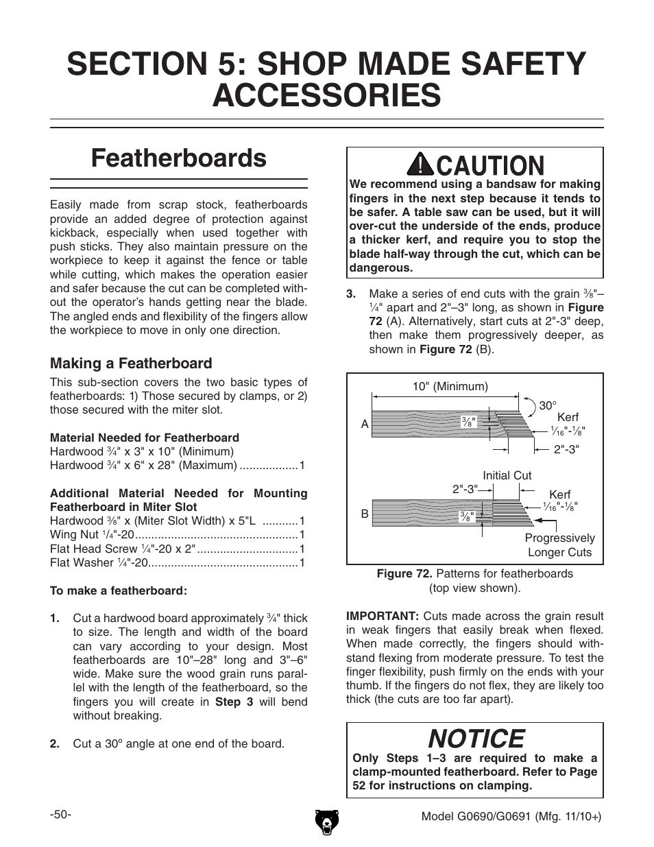 Featherboards, Notice, Making a featherboard | Grizzly G0690 User Manual | Page 52 / 92