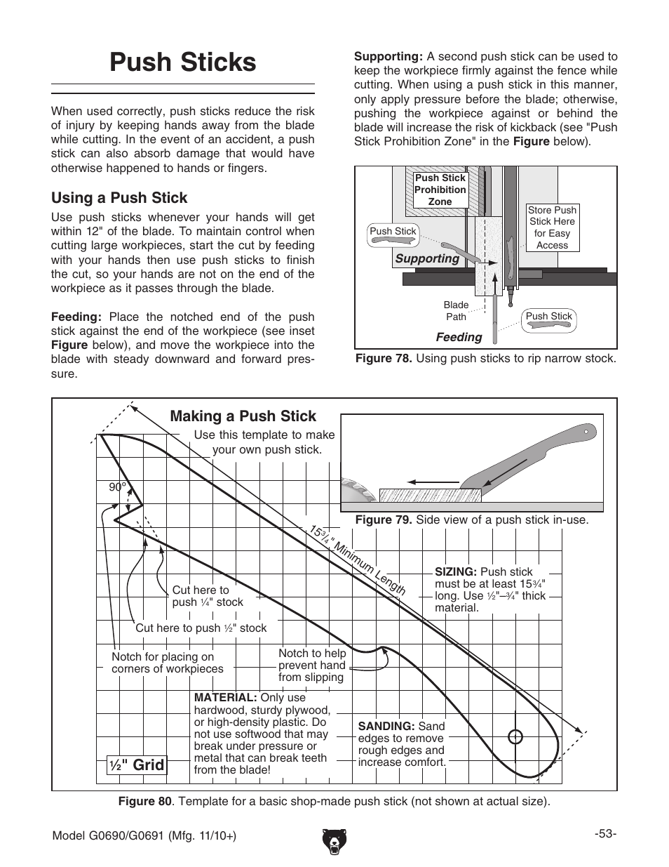 Push sticks, Using a push stick, Grid | Making a push stick | Grizzly G0690 User Manual | Page 55 / 92