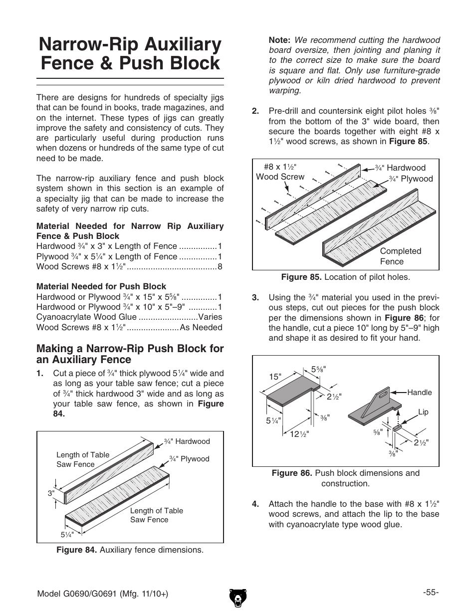 Narrow-rip auxiliary fence & push block | Grizzly G0690 User Manual | Page 57 / 92