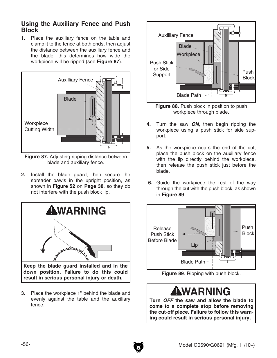 Using the auxiliary fence and push block | Grizzly G0690 User Manual | Page 58 / 92