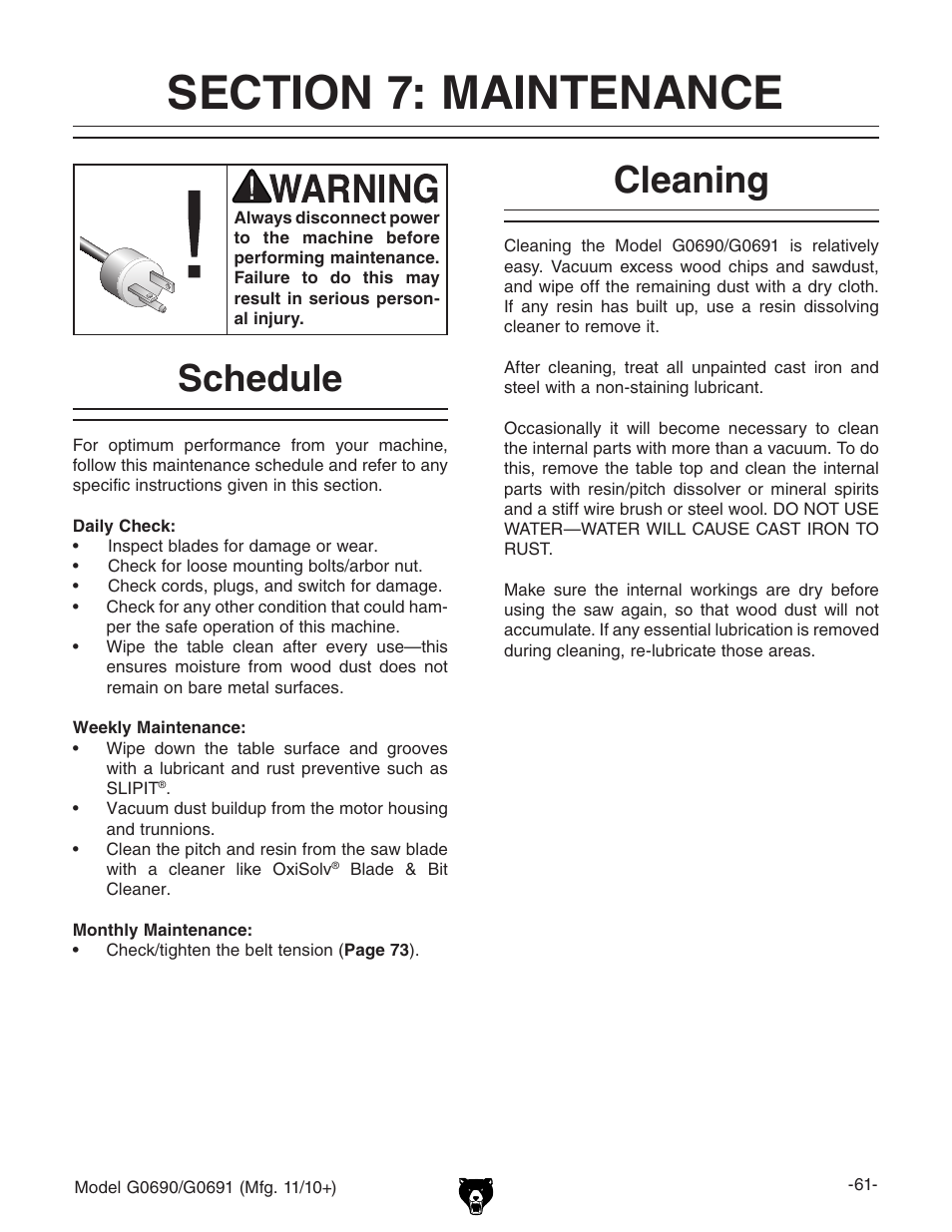 Schedule, Cleaning | Grizzly G0690 User Manual | Page 63 / 92