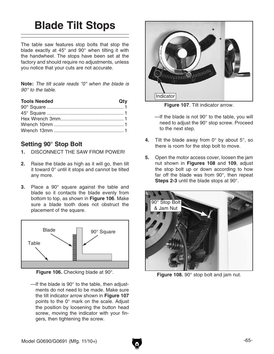 Blade tilt stops | Grizzly G0690 User Manual | Page 67 / 92