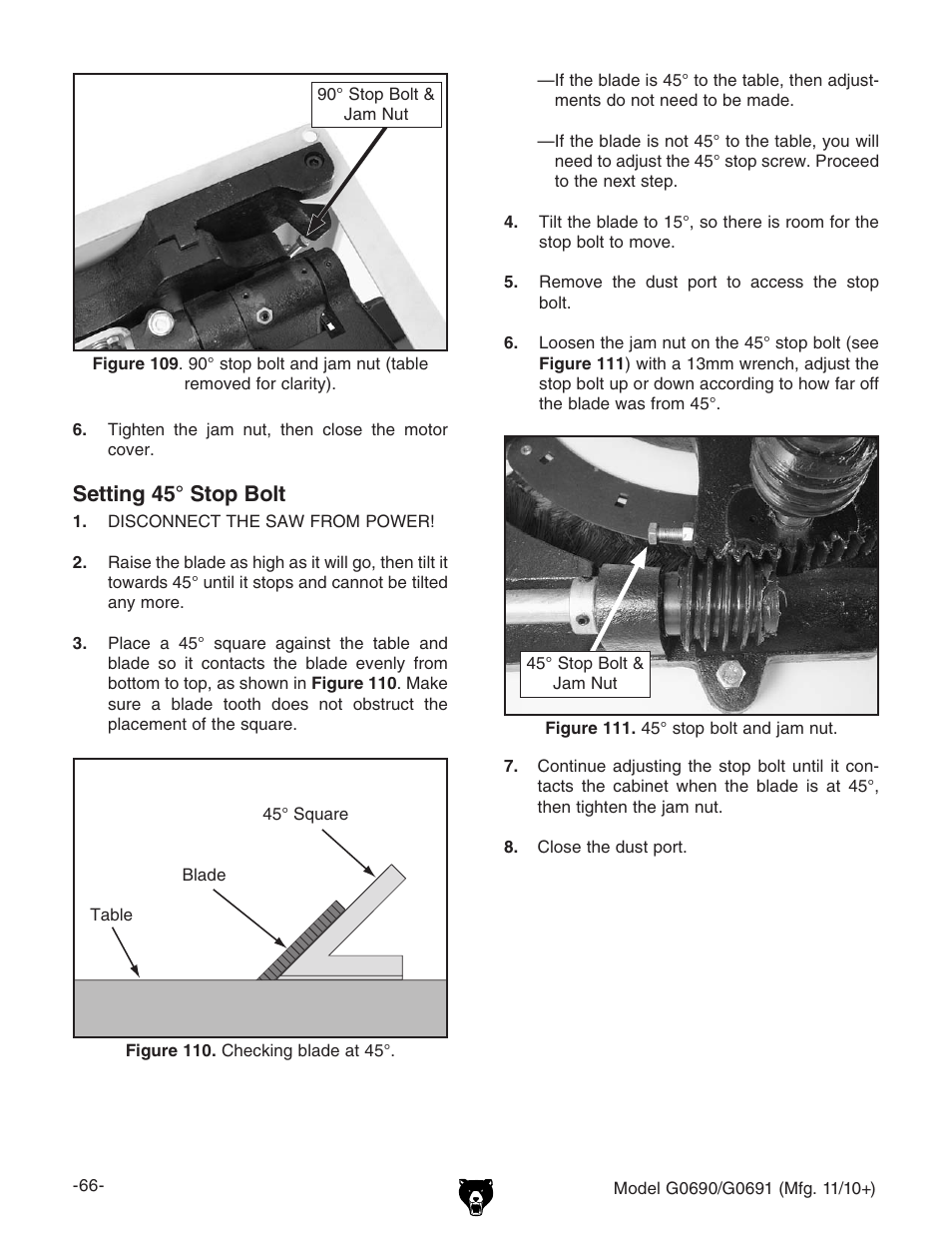 Setting 45° stop bolt | Grizzly G0690 User Manual | Page 68 / 92