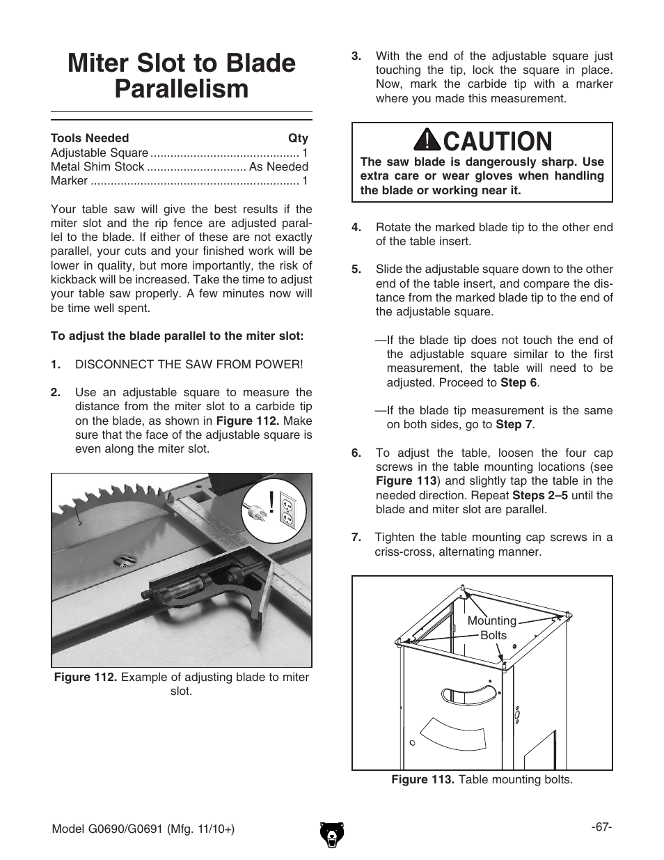 Miter slot to blade parallelism | Grizzly G0690 User Manual | Page 69 / 92