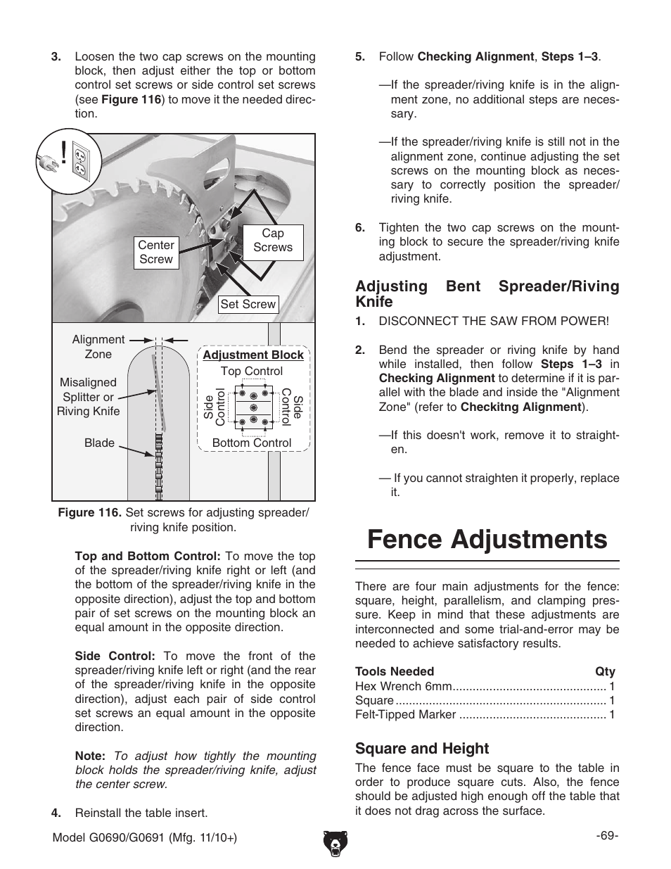 Fence adjustments, Adjusting bent spreader/riving knife, Square and height | Grizzly G0690 User Manual | Page 71 / 92