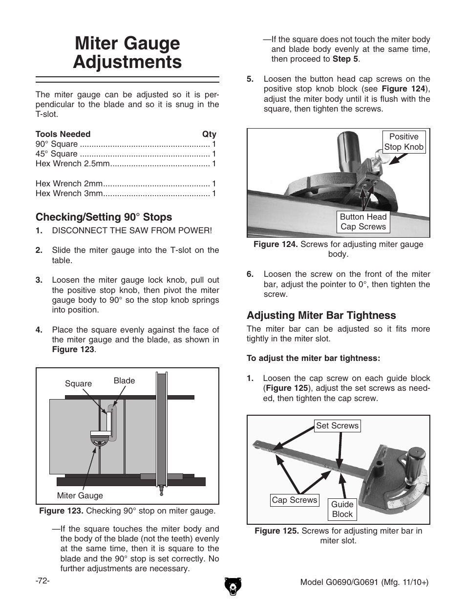 Miter gauge adjustments | Grizzly G0690 User Manual | Page 74 / 92