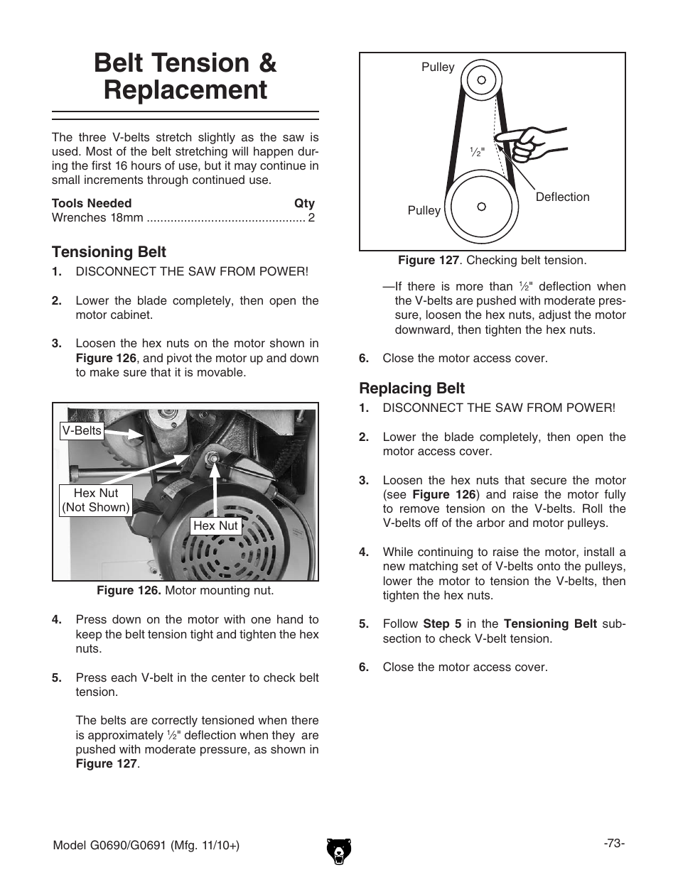 Belt tension & replacement, Tensioning belt, Replacing belt | Grizzly G0690 User Manual | Page 75 / 92