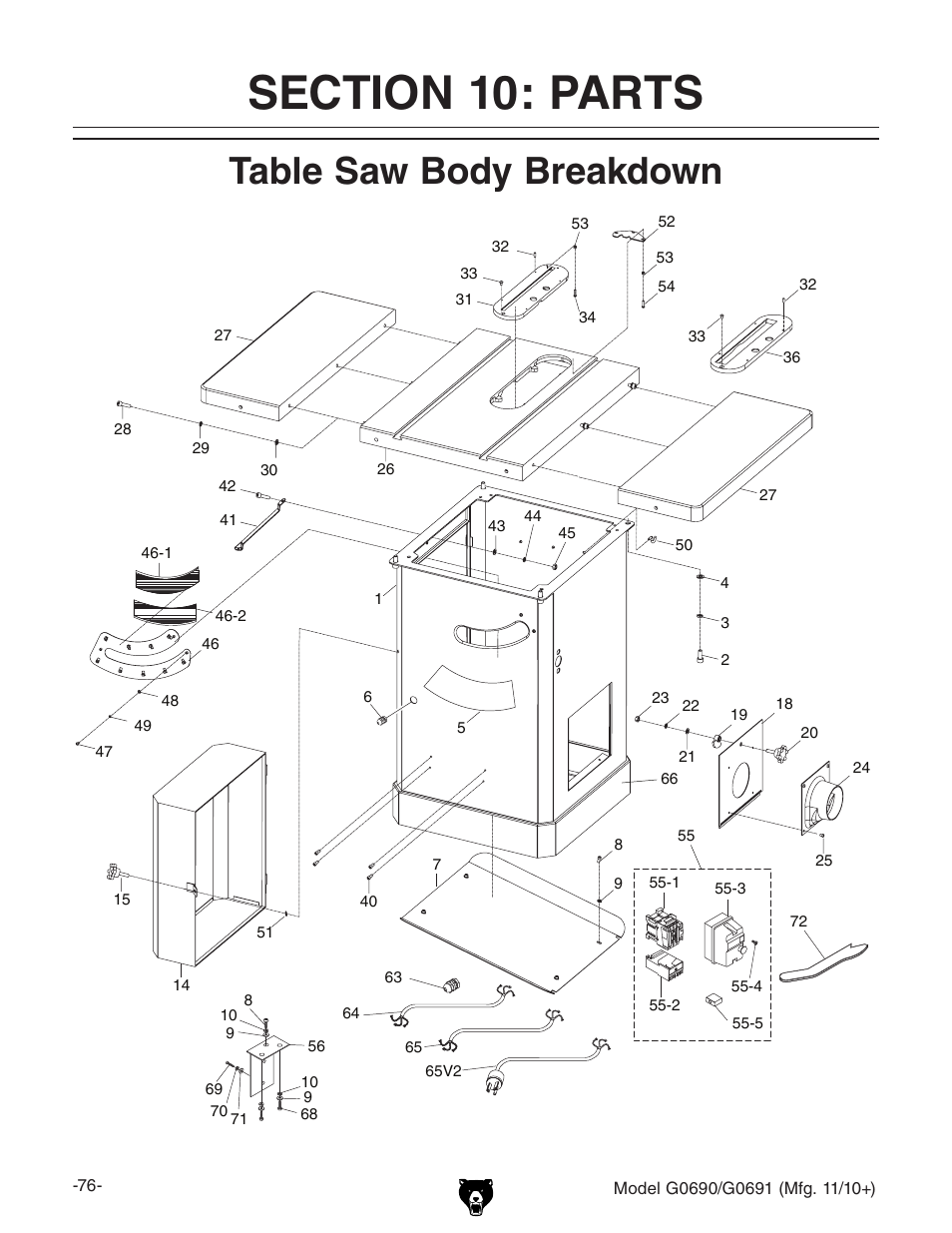Table saw body breakdown | Grizzly G0690 User Manual | Page 78 / 92