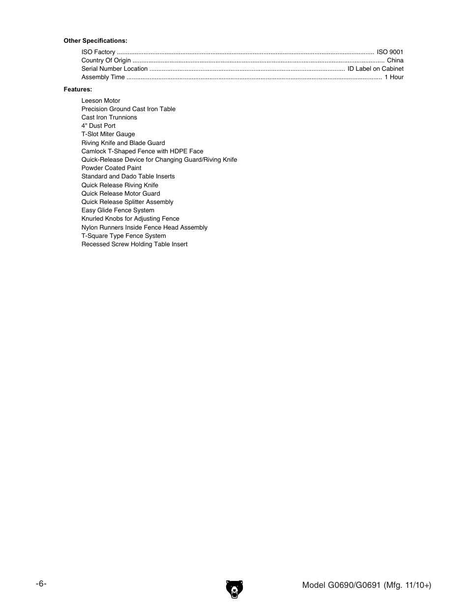 Grizzly G0690 User Manual | Page 8 / 92