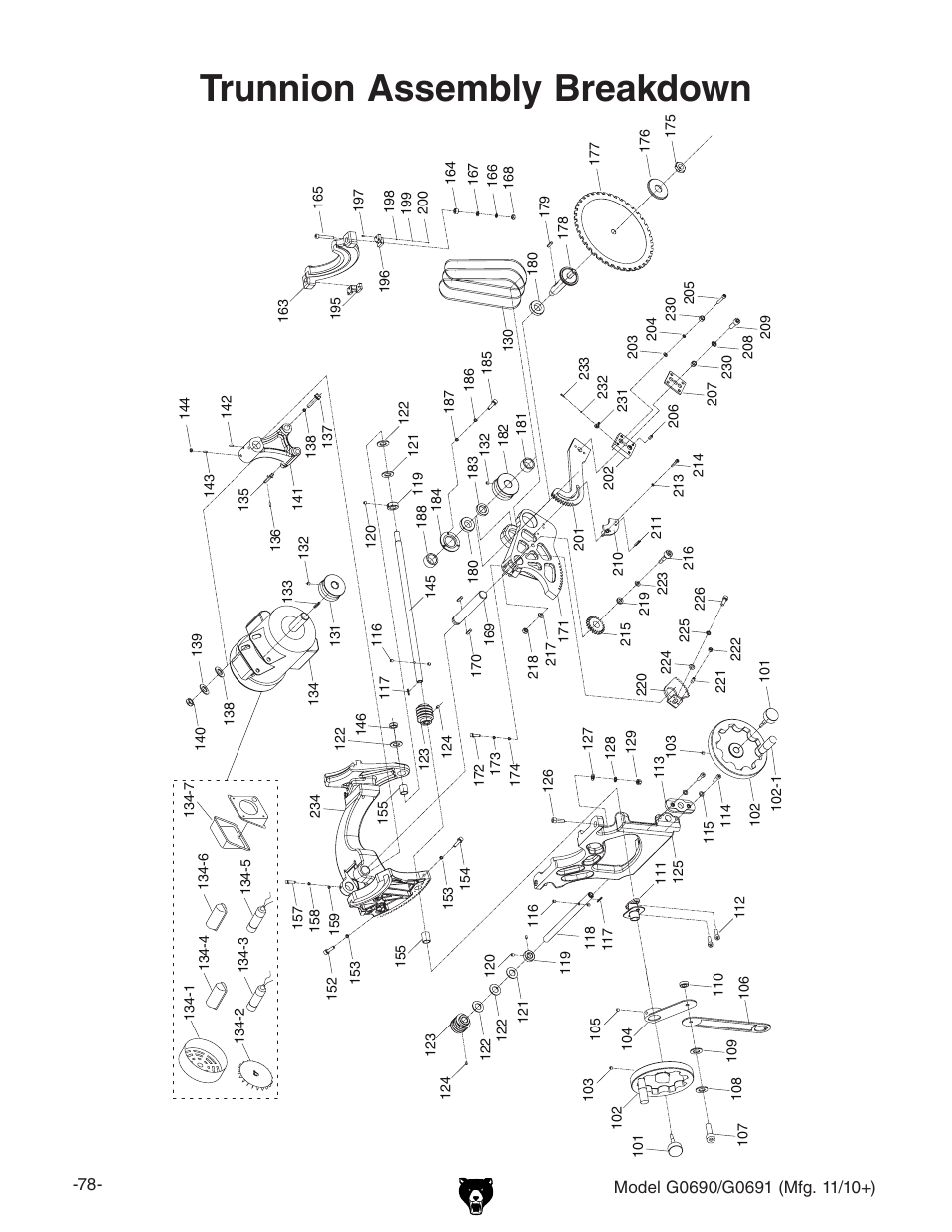 Trunnion assembly breakdown | Grizzly G0690 User Manual | Page 80 / 92