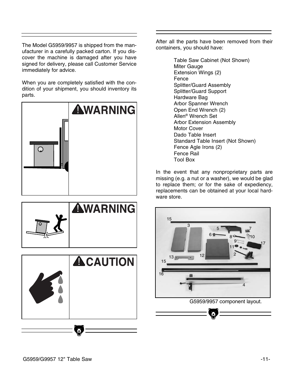 Unpacking, Piece inventory | Grizzly G5959 User Manual | Page 13 / 52