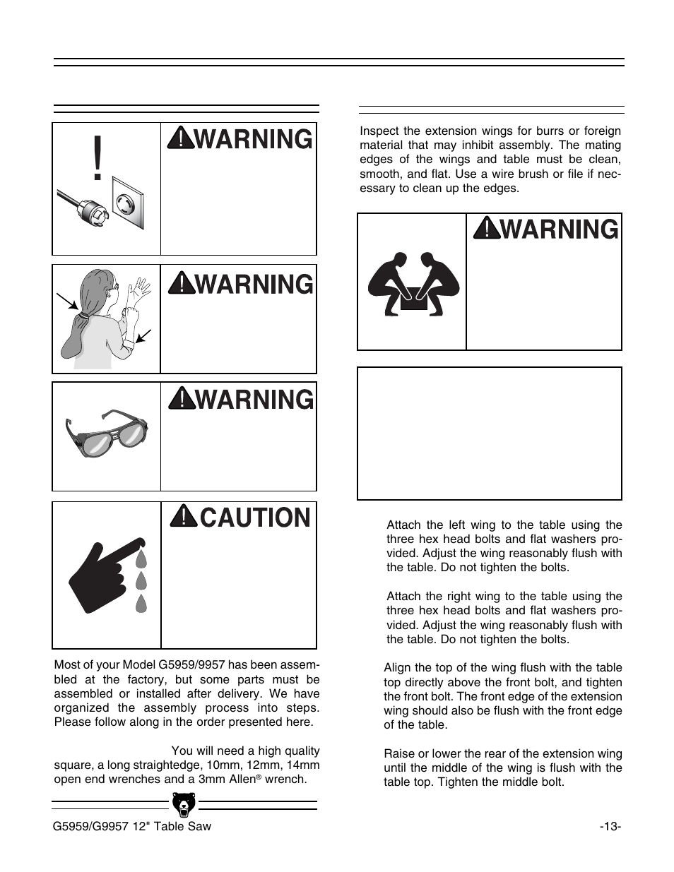 Beginning assembly, Extension wings, Notice | Grizzly G5959 User Manual | Page 15 / 52