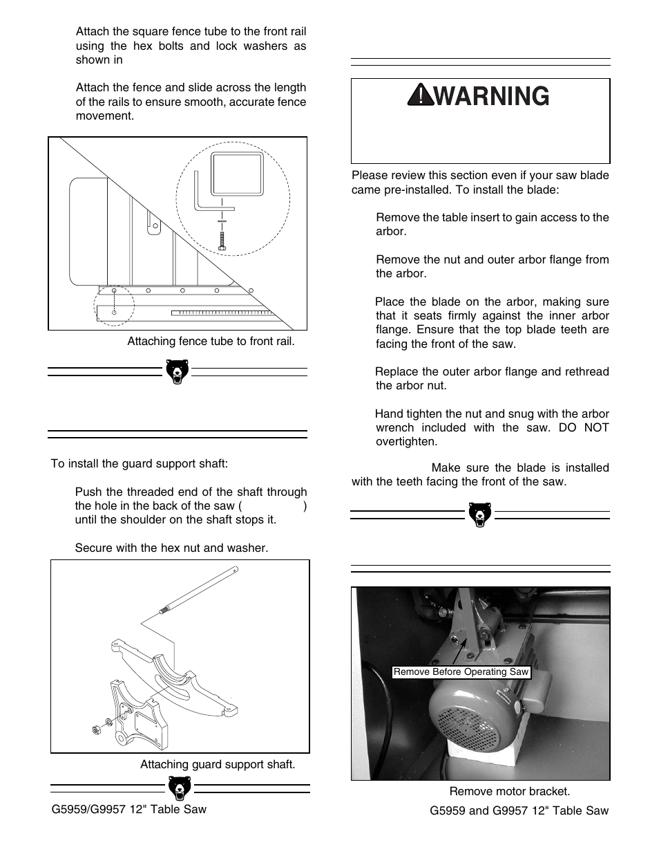 Guard support shaft, Installing saw blade motor bracket | Grizzly G5959 User Manual | Page 17 / 52