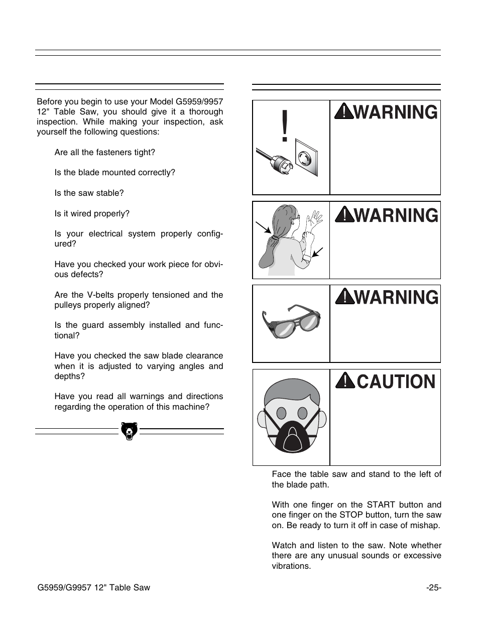 Pre-run check test run | Grizzly G5959 User Manual | Page 27 / 52