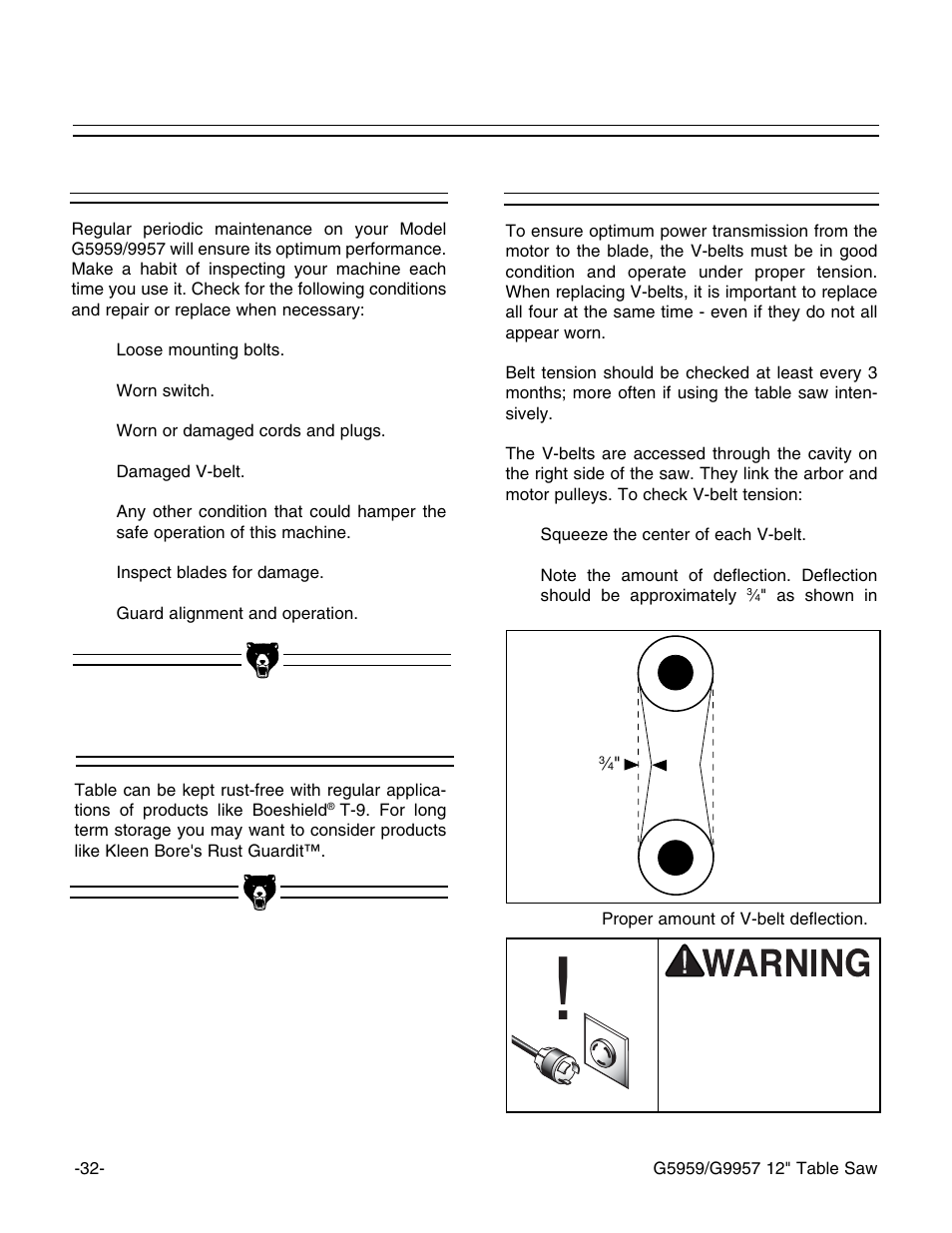 V-belt, Table, General | Grizzly G5959 User Manual | Page 34 / 52