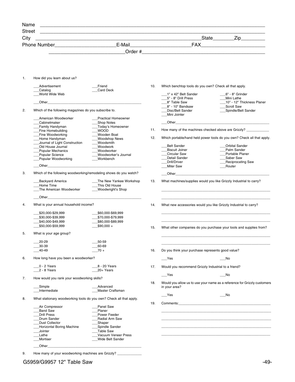 Warranty card, Order | Grizzly G5959 User Manual | Page 51 / 52