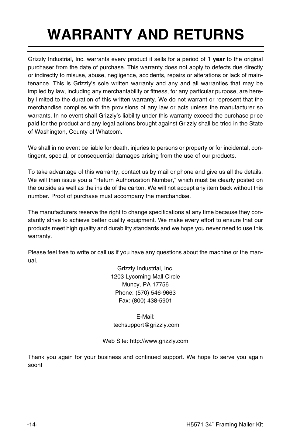 Warranty and returns | Grizzly H5571 User Manual | Page 15 / 17