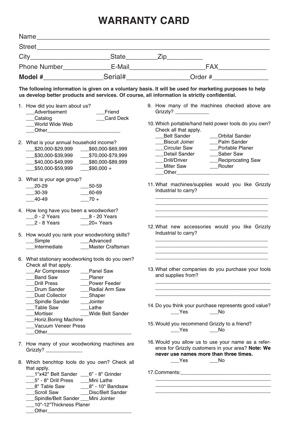 Warranty card, Serial, Name | Street, City, State, Phone number, E-mail, Model, Order | Grizzly H5571 User Manual | Page 16 / 17