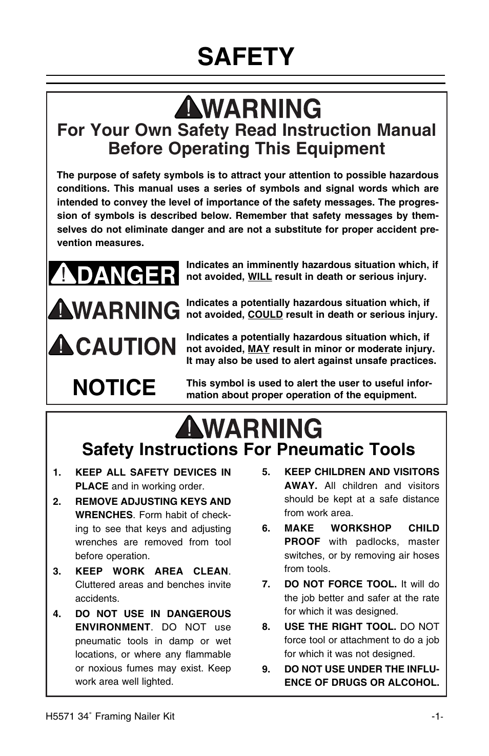 Safety, Notice, Safety instructions for pneumatic tools | Grizzly H5571 User Manual | Page 2 / 17