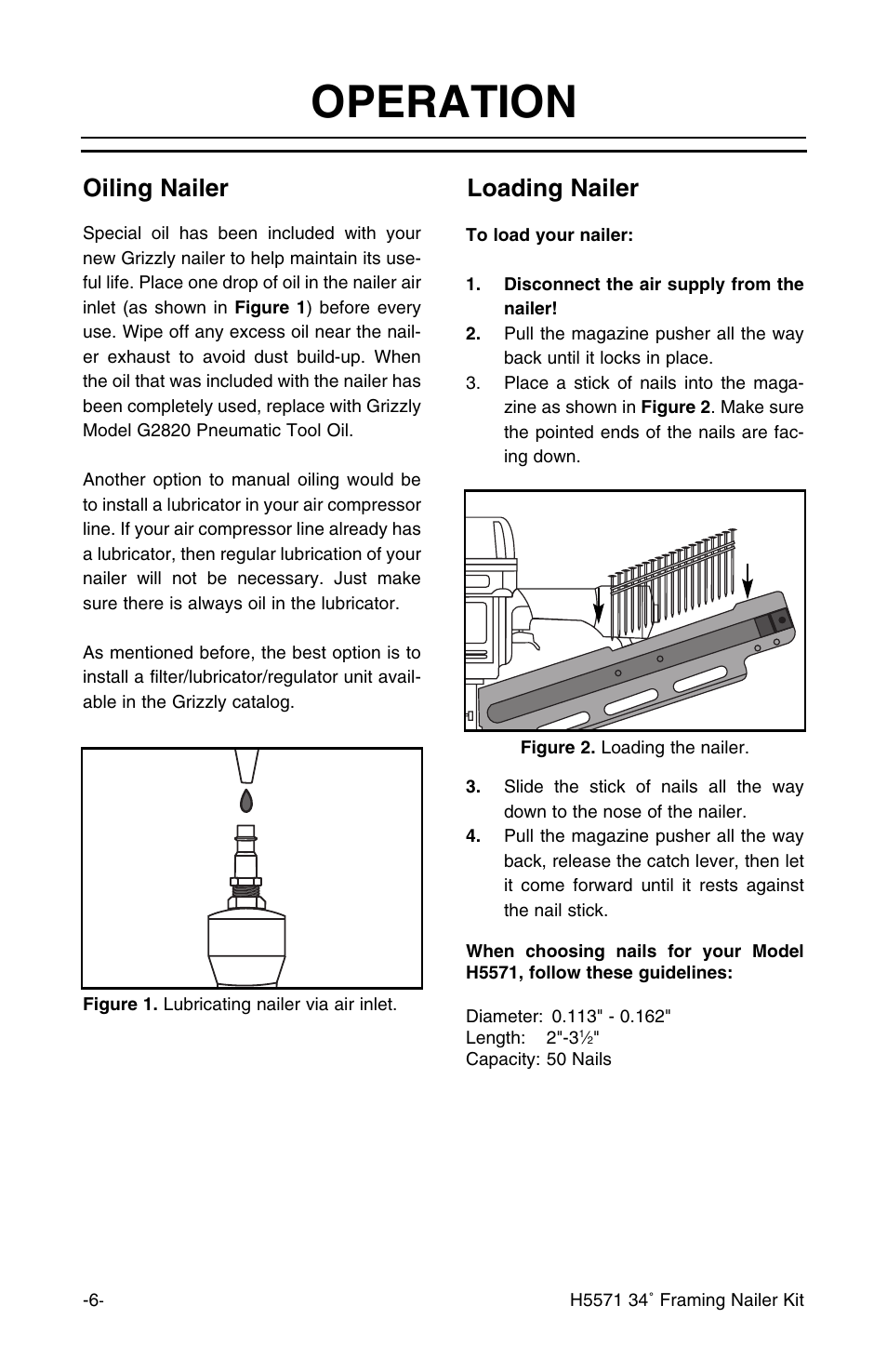 Operation, Loading nailer, Oiling nailer | Grizzly H5571 User Manual | Page 7 / 17