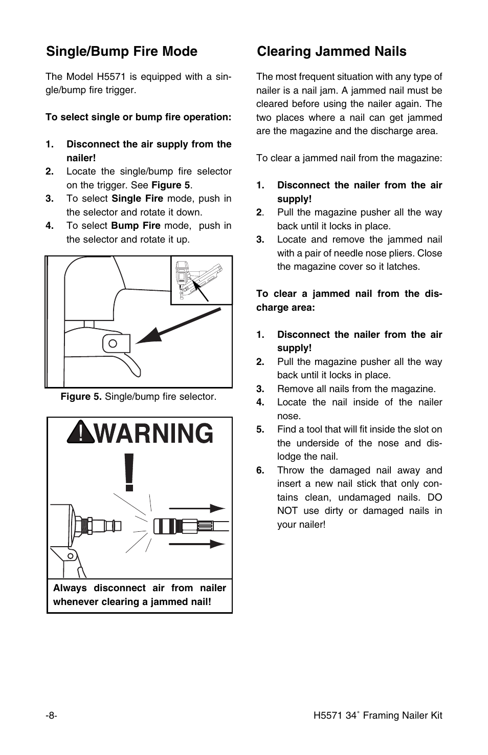 Clearing jammed nails, Single/bump fire mode | Grizzly H5571 User Manual | Page 9 / 17