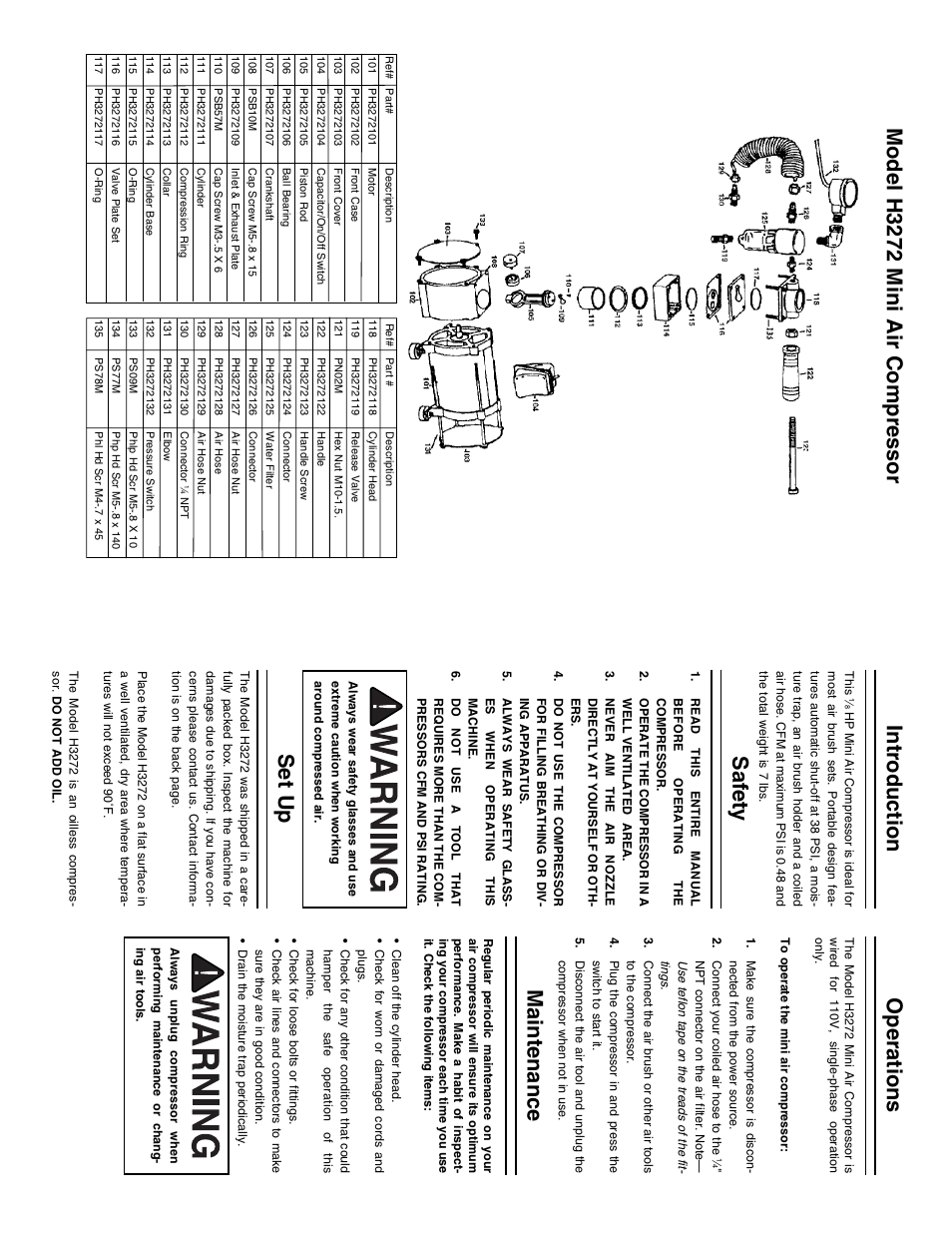 Safety, Introduction, Operations | Maintenance set up, Model h3272 mini air compressor | Grizzly H3272 User Manual | Page 2 / 2