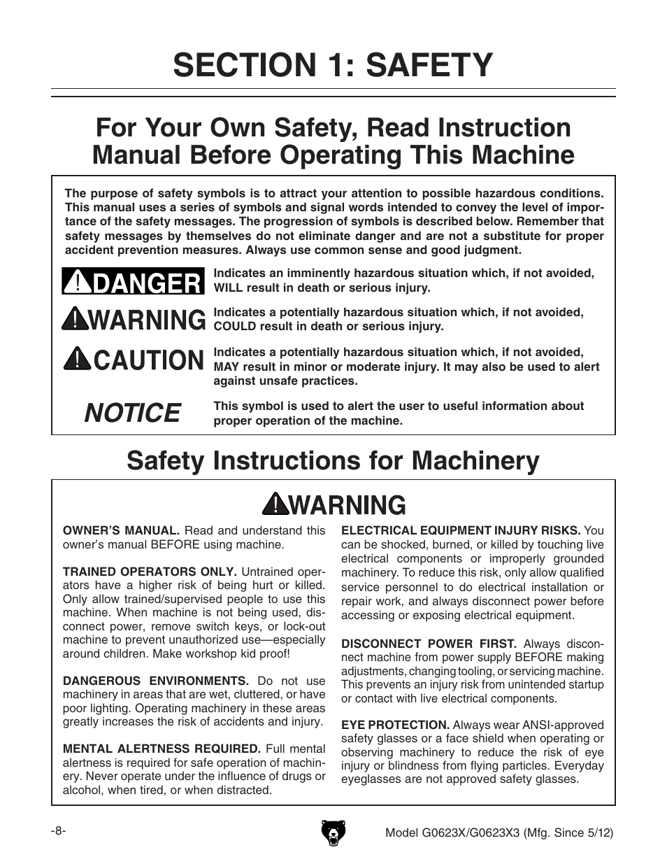 Notice safety instructions for machinery | Grizzly G0623X3 User Manual | Page 10 / 96