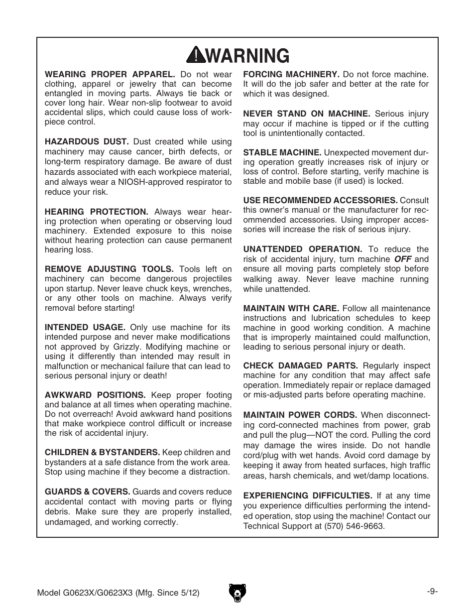 Grizzly G0623X3 User Manual | Page 11 / 96