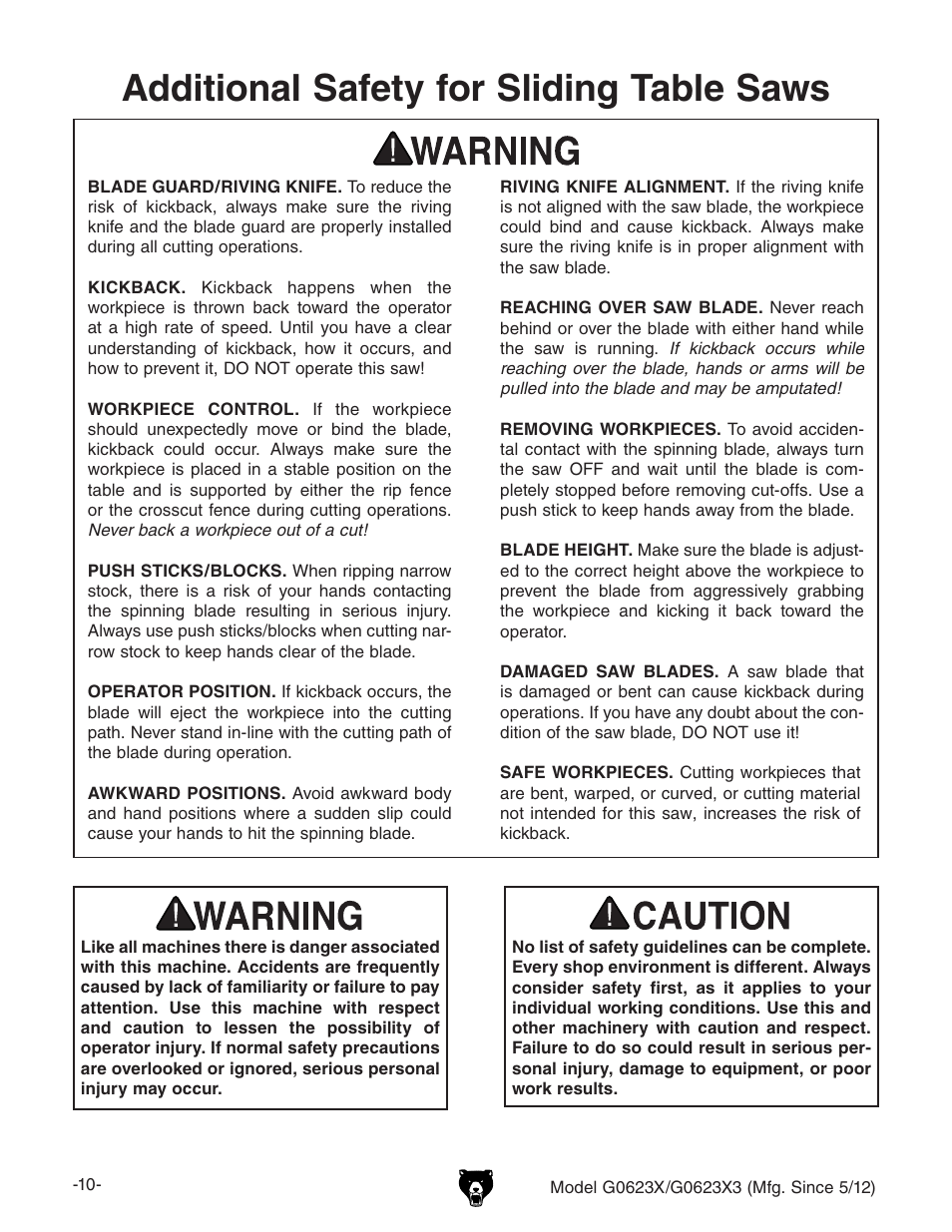 Additional safety for sliding table saws | Grizzly G0623X3 User Manual | Page 12 / 96