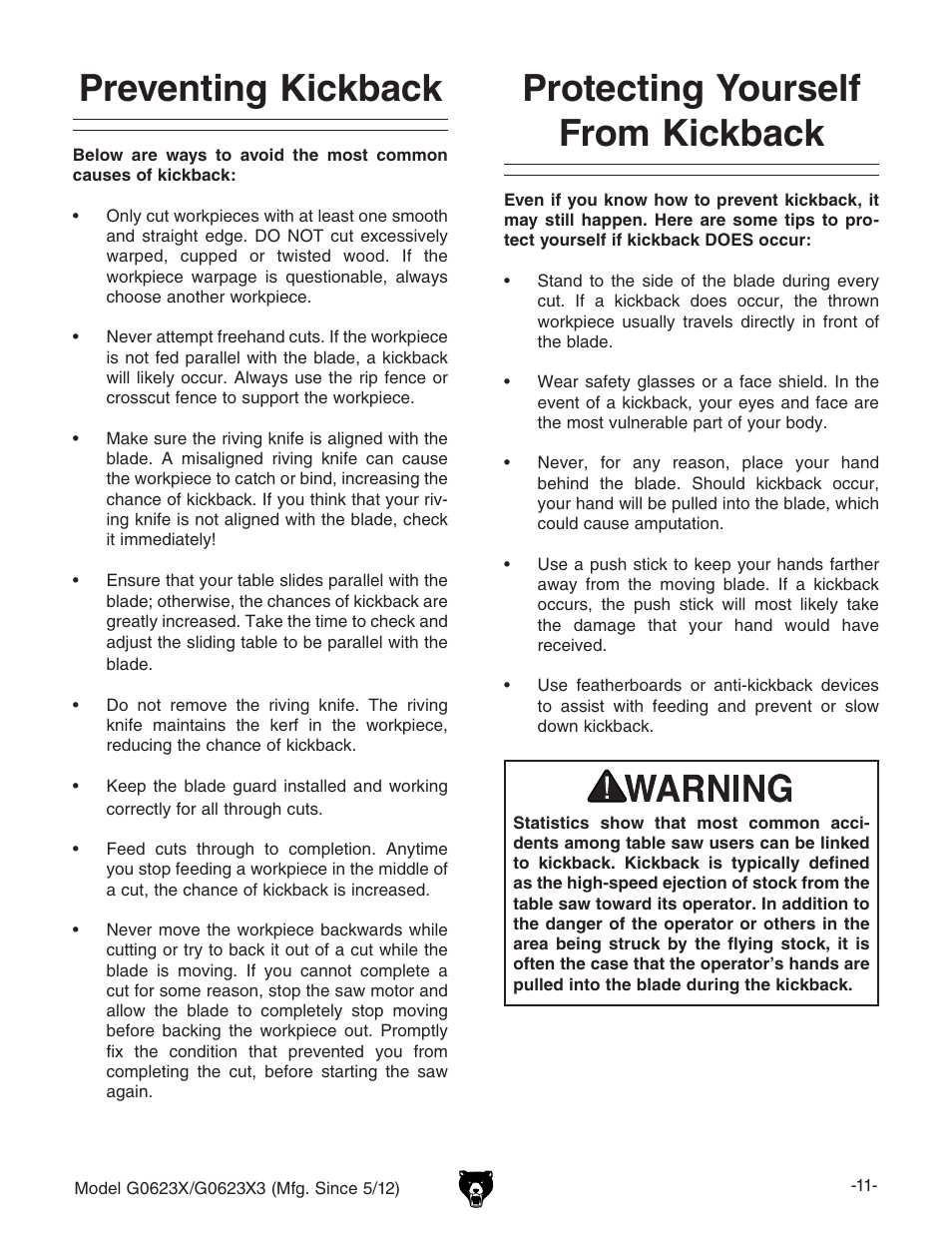 Preventing kickback, Protecting yourself from kickback | Grizzly G0623X3 User Manual | Page 13 / 96