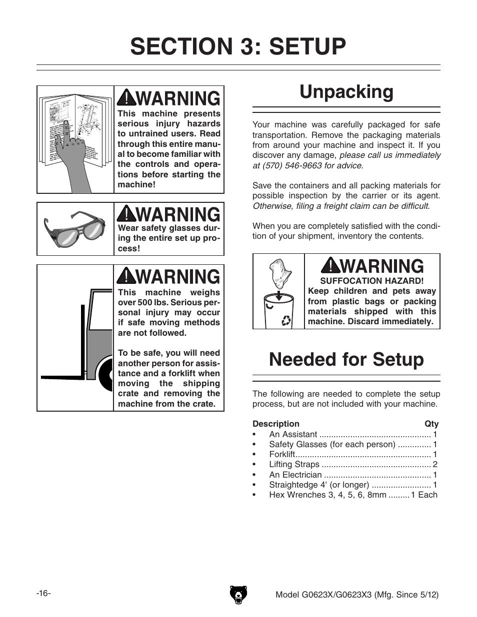 Needed for setup, Unpacking | Grizzly G0623X3 User Manual | Page 18 / 96