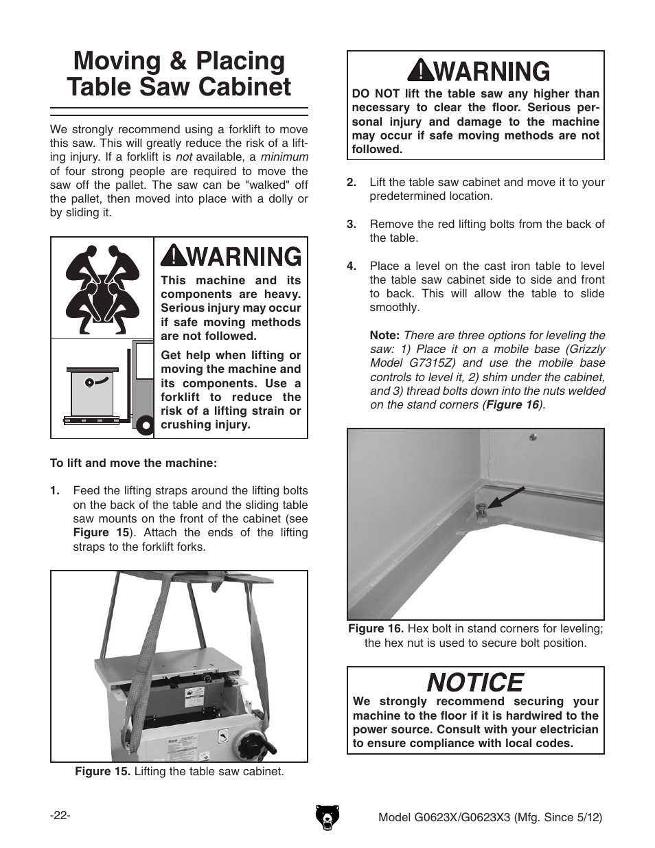 Moving & placing table saw cabinet | Grizzly G0623X3 User Manual | Page 24 / 96