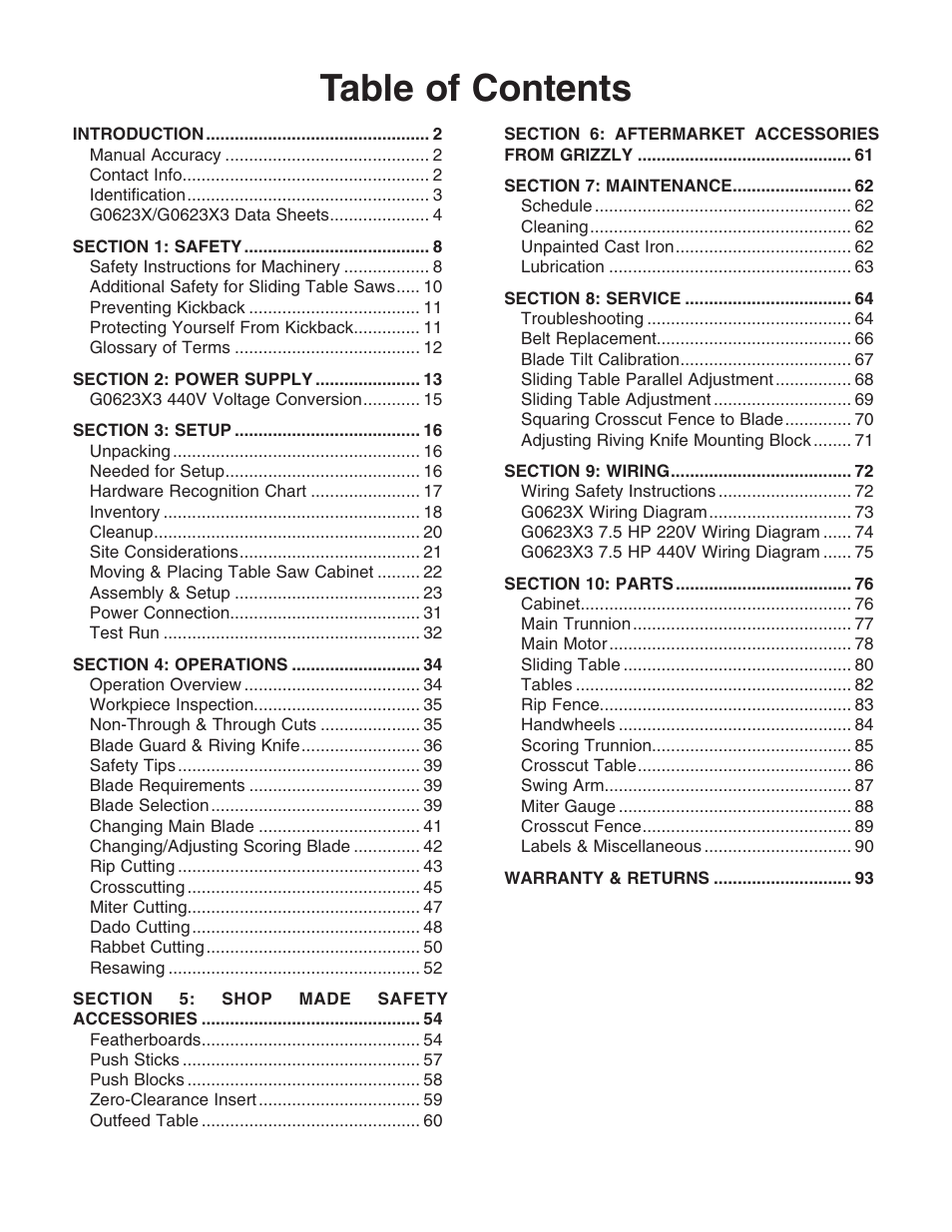 Grizzly G0623X3 User Manual | Page 3 / 96