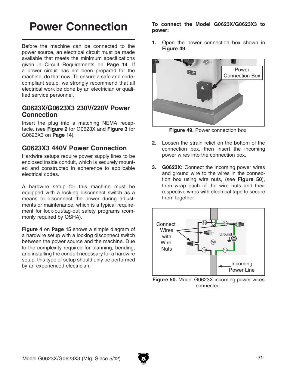 Power connection | Grizzly G0623X3 User Manual | Page 33 / 96