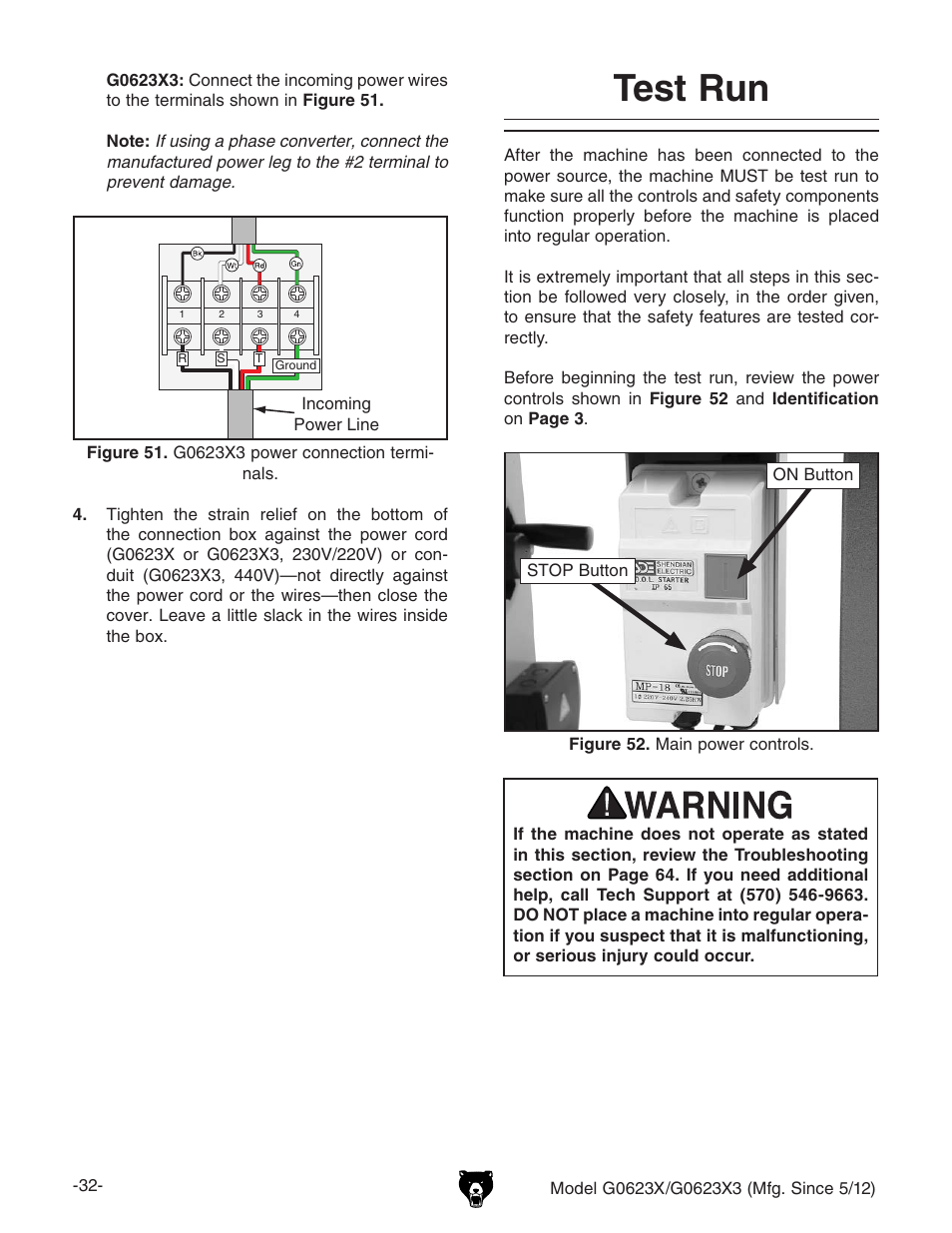 Test run | Grizzly G0623X3 User Manual | Page 34 / 96