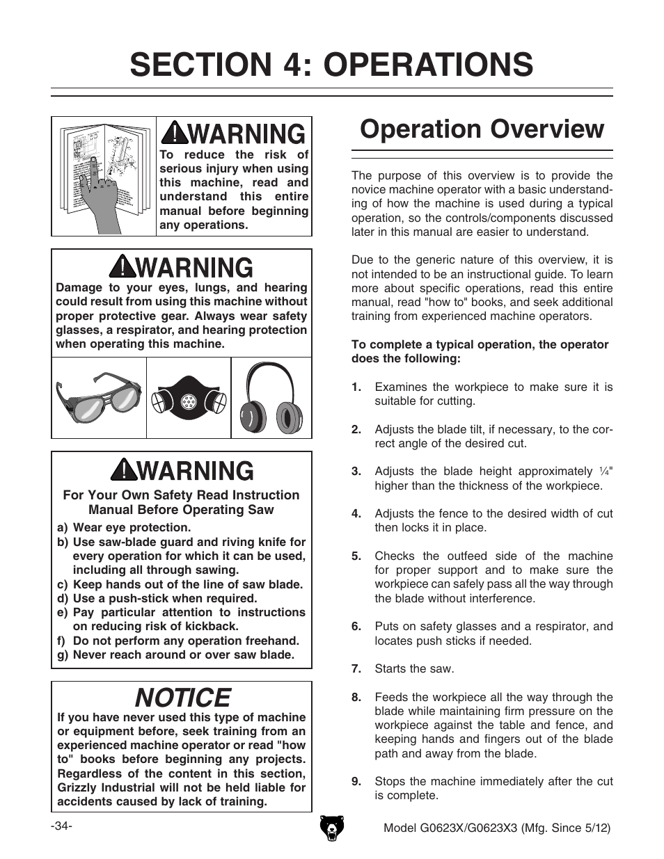 Notice, Operation overview | Grizzly G0623X3 User Manual | Page 36 / 96
