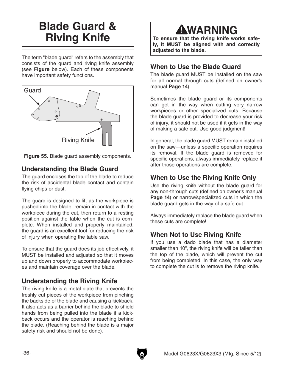 Blade guard & riving knife | Grizzly G0623X3 User Manual | Page 38 / 96