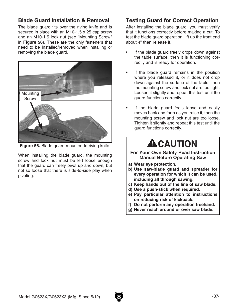 Blade guard installation & removal, Testing guard for correct operation | Grizzly G0623X3 User Manual | Page 39 / 96