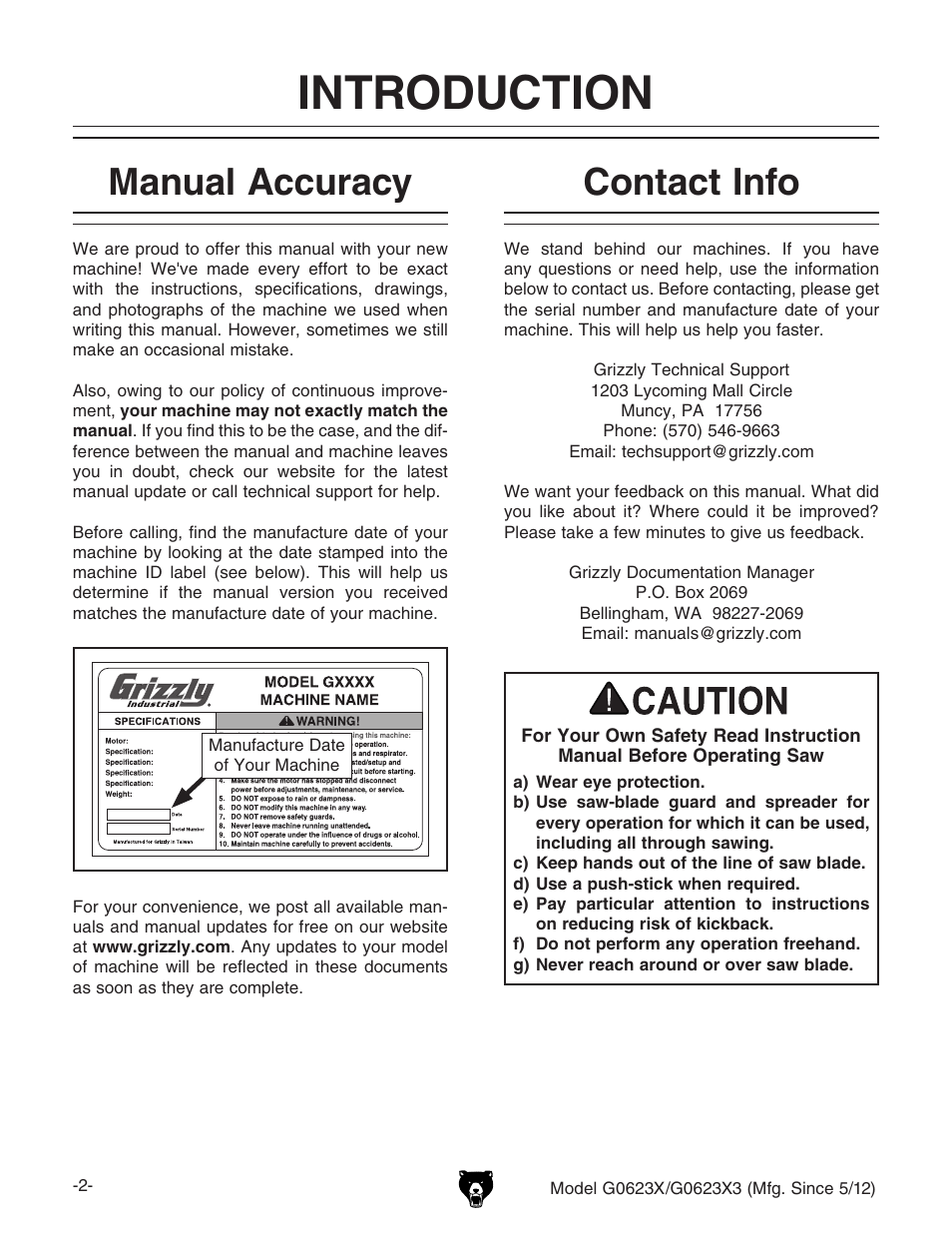 Introduction, Manual accuracy, Contact info | Grizzly G0623X3 User Manual | Page 4 / 96