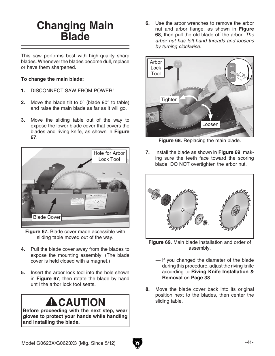 Changing main blade | Grizzly G0623X3 User Manual | Page 43 / 96