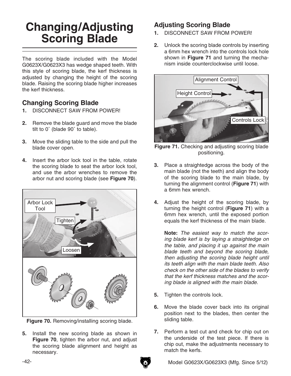 Changing/adjusting scoring blade | Grizzly G0623X3 User Manual | Page 44 / 96