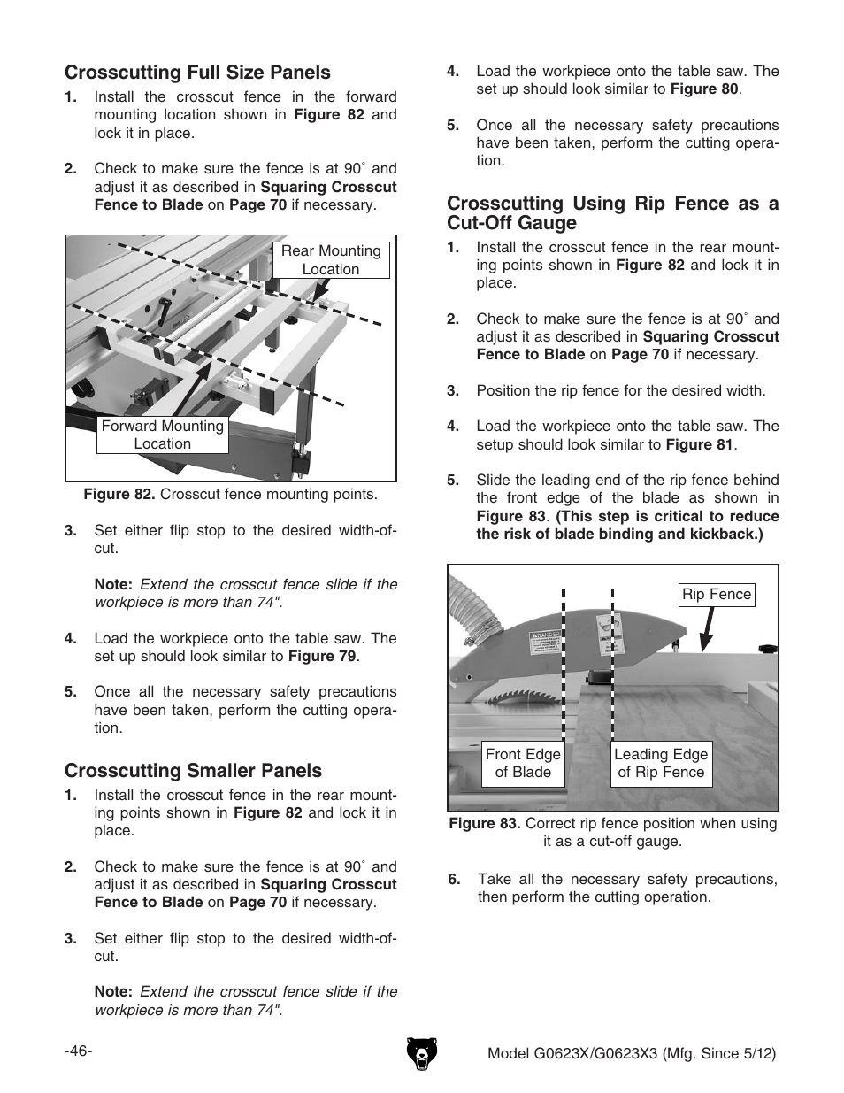 Crosscutting full size panels, Crosscutting smaller panels, Crosscutting using rip fence as a cut-off gauge | Grizzly G0623X3 User Manual | Page 48 / 96