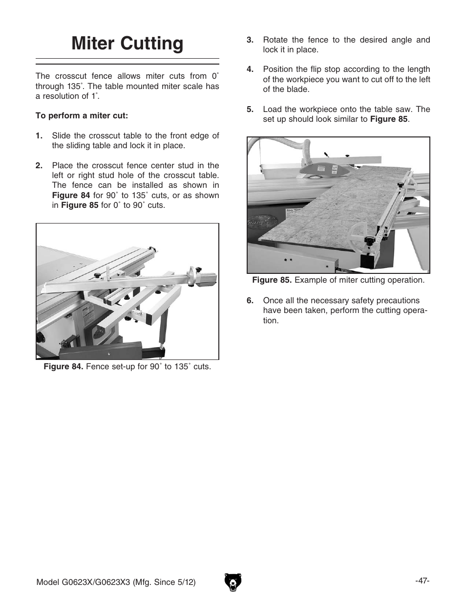 Miter cutting | Grizzly G0623X3 User Manual | Page 49 / 96