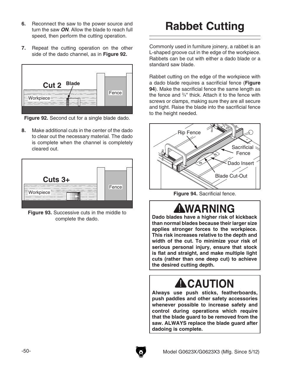 Rabbet cutting, Cut 2, Cuts 3 | Grizzly G0623X3 User Manual | Page 52 / 96